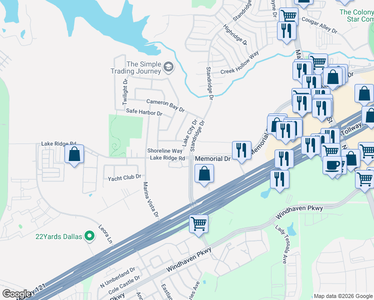 map of restaurants, bars, coffee shops, grocery stores, and more near 601 Lake City Drive in Lewisville
