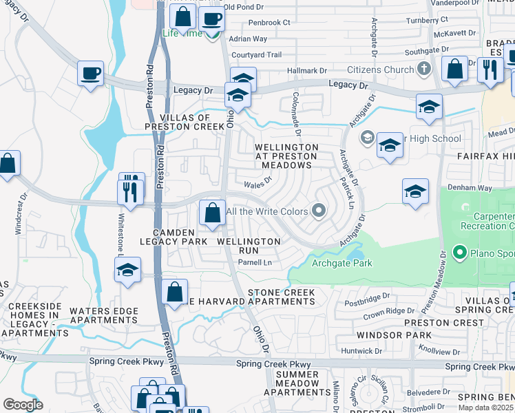 map of restaurants, bars, coffee shops, grocery stores, and more near 6745 Misty Hollow Drive in Plano
