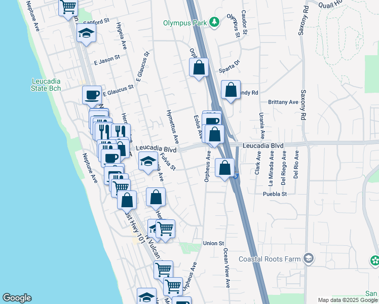 map of restaurants, bars, coffee shops, grocery stores, and more near 857 Hymettus Avenue in Encinitas