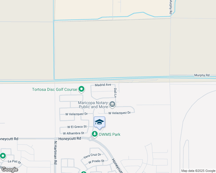 map of restaurants, bars, coffee shops, grocery stores, and more near 35973 Madrid Avenue in Maricopa