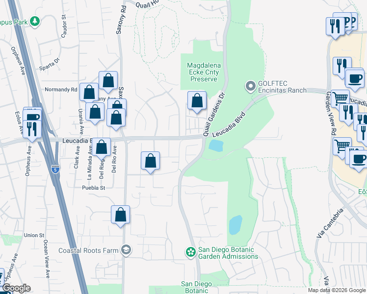 map of restaurants, bars, coffee shops, grocery stores, and more near 1074 Alexandra Lane in Encinitas