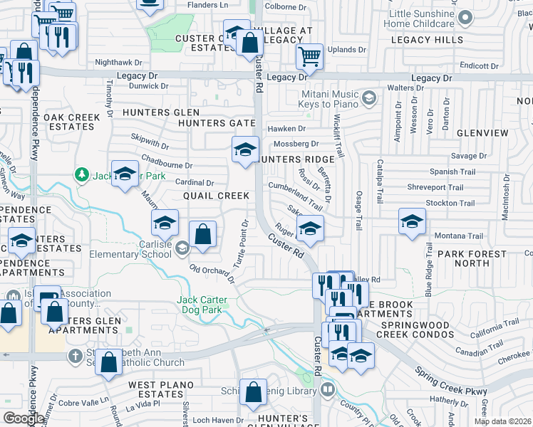 map of restaurants, bars, coffee shops, grocery stores, and more near 6557 Ruger Drive in Plano