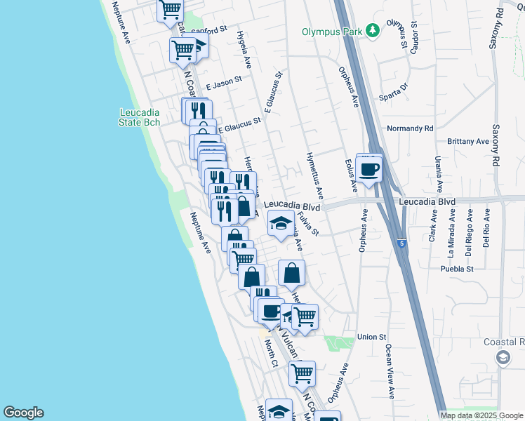 map of restaurants, bars, coffee shops, grocery stores, and more near 851 Hermes Avenue in Encinitas