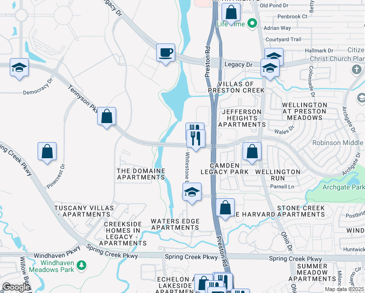 map of restaurants, bars, coffee shops, grocery stores, and more near 5106 Tennyson Parkway in Plano