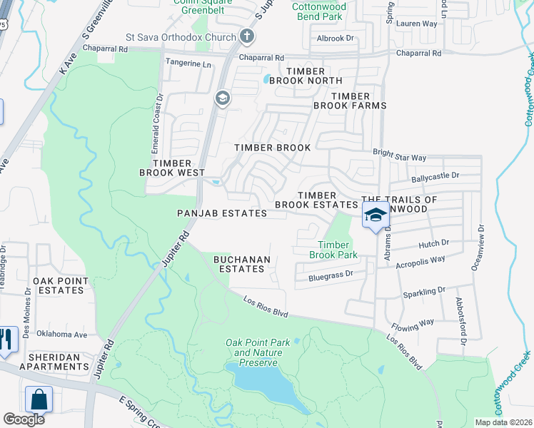 map of restaurants, bars, coffee shops, grocery stores, and more near 3212 Heatherbrook Drive in Plano
