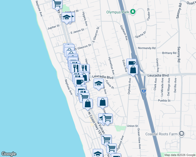 map of restaurants, bars, coffee shops, grocery stores, and more near 235 Leucadia Boulevard in Encinitas