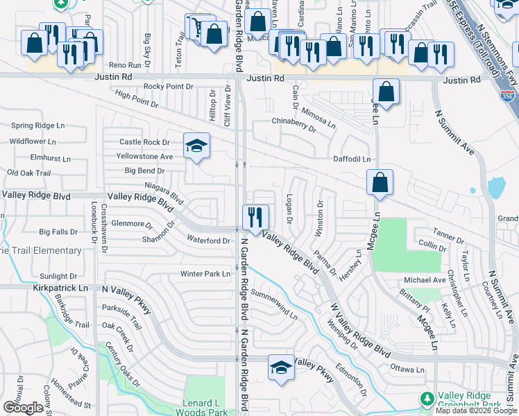 map of restaurants, bars, coffee shops, grocery stores, and more near 1494 Cambridge Drive in Lewisville