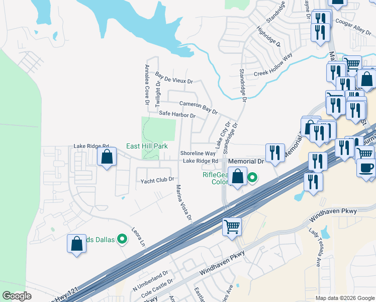 map of restaurants, bars, coffee shops, grocery stores, and more near 2820 Shoreline Way in Lewisville