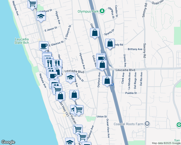 map of restaurants, bars, coffee shops, grocery stores, and more near 857 Hymettus Avenue in Encinitas