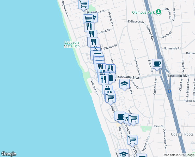 map of restaurants, bars, coffee shops, grocery stores, and more near 123 Jasper Street in Encinitas