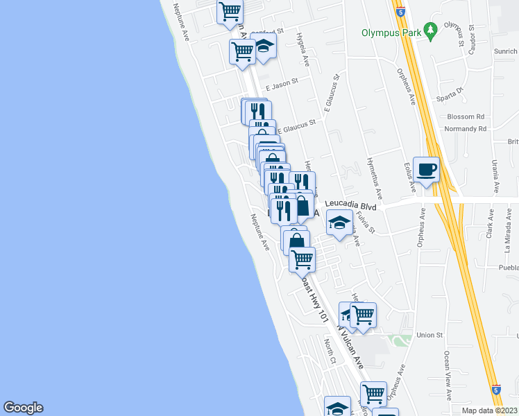 map of restaurants, bars, coffee shops, grocery stores, and more near 178 West Leucadia Boulevard in Encinitas