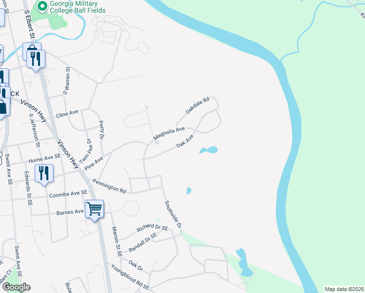map of restaurants, bars, coffee shops, grocery stores, and more near 141 Oak Avenue in Milledgeville