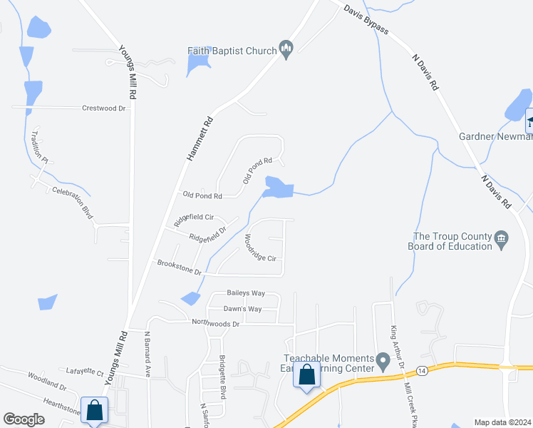 map of restaurants, bars, coffee shops, grocery stores, and more near 137 Woodridge Circle in LaGrange