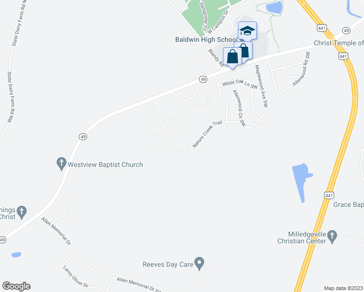 map of restaurants, bars, coffee shops, grocery stores, and more near 129 Nature Creek Trail in Milledgeville