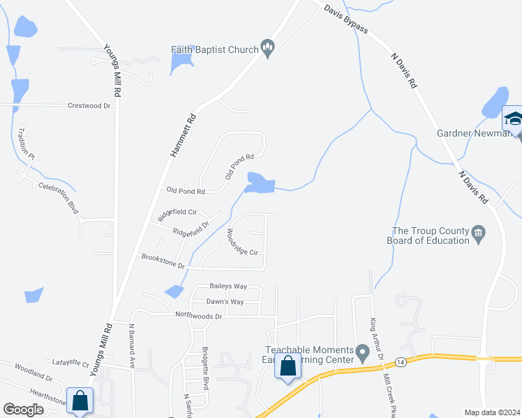 map of restaurants, bars, coffee shops, grocery stores, and more near 143 Woodridge Circle in LaGrange
