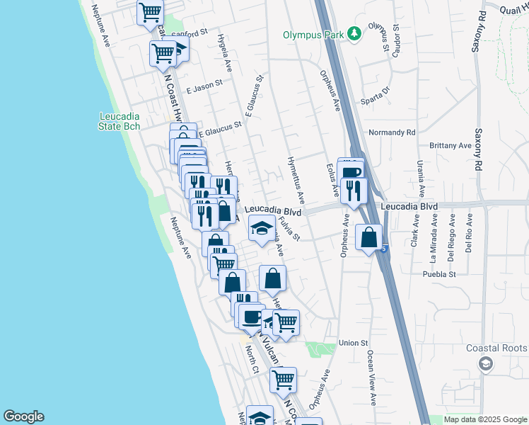 map of restaurants, bars, coffee shops, grocery stores, and more near 850 Hygeia Avenue in Encinitas