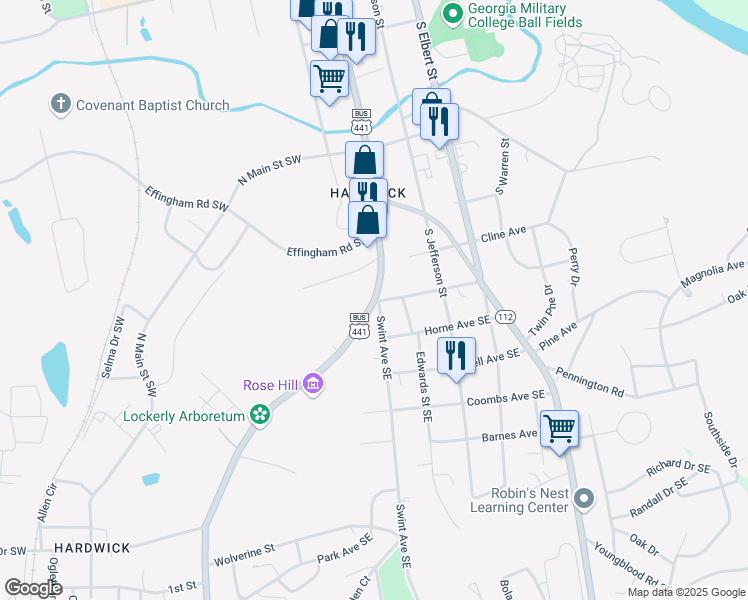 map of restaurants, bars, coffee shops, grocery stores, and more near 1360 Irwinton Road in Milledgeville