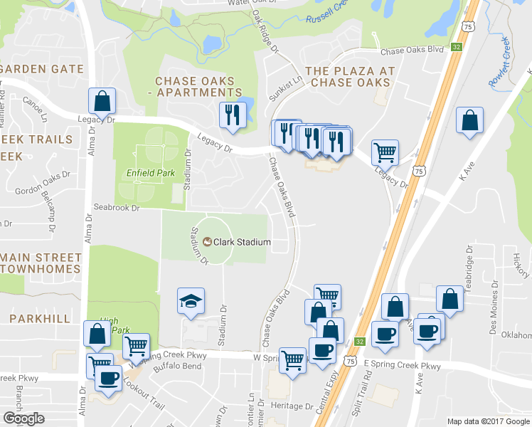 map of restaurants, bars, coffee shops, grocery stores, and more near 6647 Rutherford Road in Plano