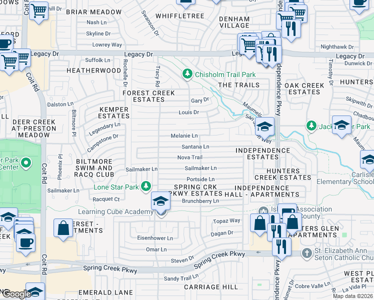 map of restaurants, bars, coffee shops, grocery stores, and more near 3305 Nova Trail in Plano