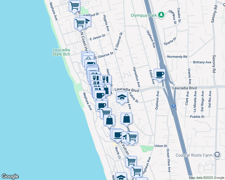 map of restaurants, bars, coffee shops, grocery stores, and more near 851 Hermes Avenue in Encinitas