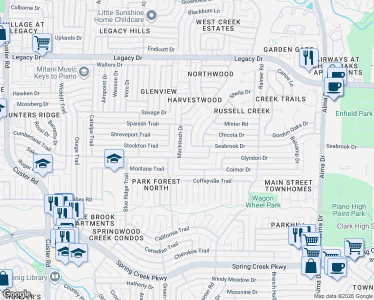 map of restaurants, bars, coffee shops, grocery stores, and more near 1433 Cumberland Trail in Plano