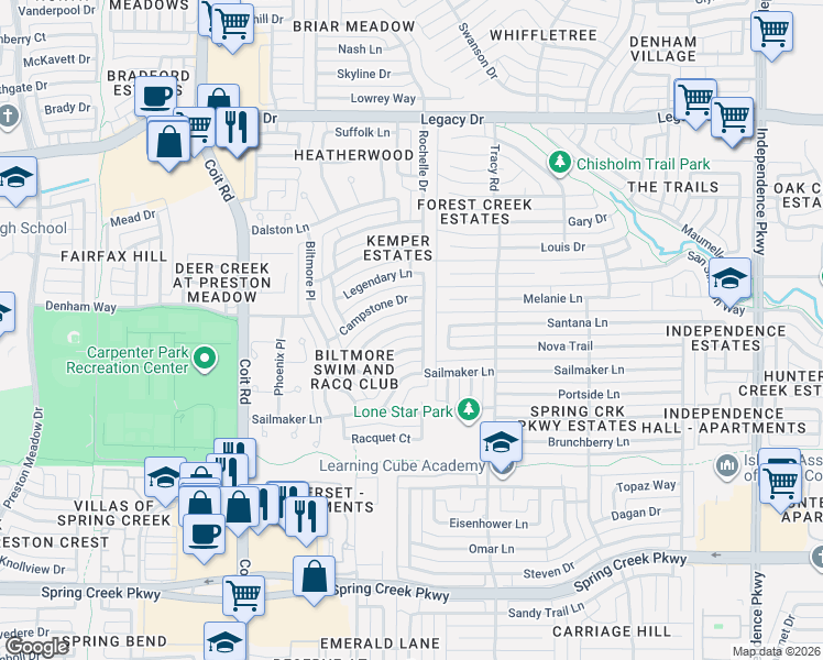 map of restaurants, bars, coffee shops, grocery stores, and more near 3601 Worthington Way in Plano