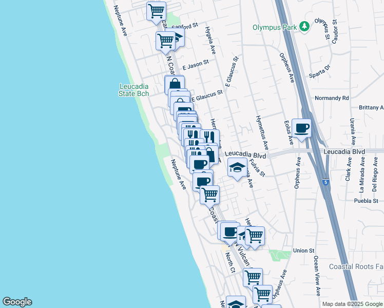 map of restaurants, bars, coffee shops, grocery stores, and more near in Encinitas