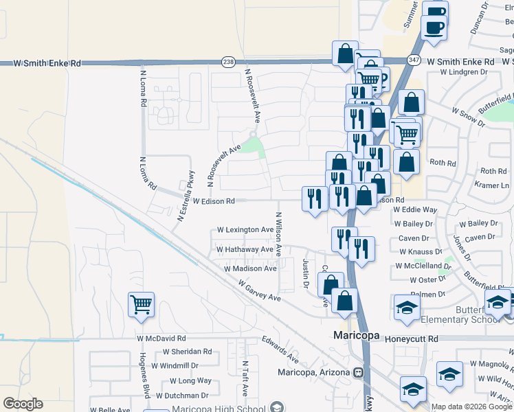 map of restaurants, bars, coffee shops, grocery stores, and more near 45305 Miramar Road in Maricopa