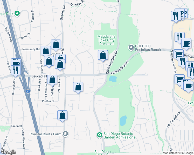 map of restaurants, bars, coffee shops, grocery stores, and more near 1090 Alexandra Lane in Encinitas