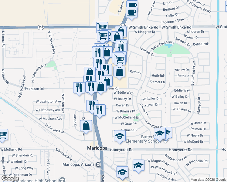 map of restaurants, bars, coffee shops, grocery stores, and more near 44455 Eddie Drive in Maricopa