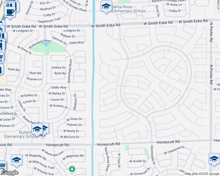 map of restaurants, bars, coffee shops, grocery stores, and more near 42797 Whimsical Drive in Maricopa