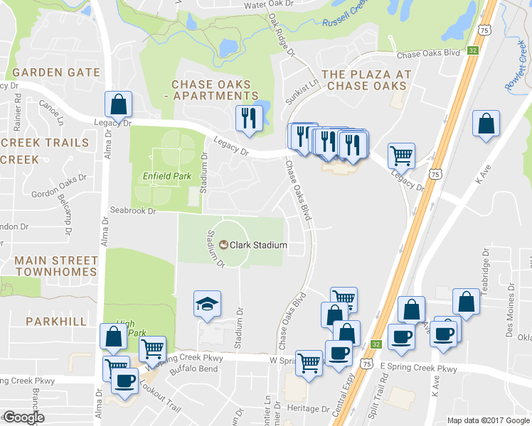 map of restaurants, bars, coffee shops, grocery stores, and more near 457 Metropolitan Drive in Plano