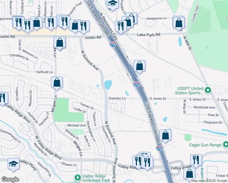 map of restaurants, bars, coffee shops, grocery stores, and more near 1135 Grandys Lane in Lewisville