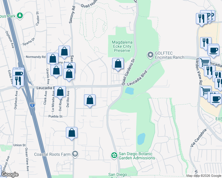 map of restaurants, bars, coffee shops, grocery stores, and more near 1090 Alexandra Lane in Encinitas