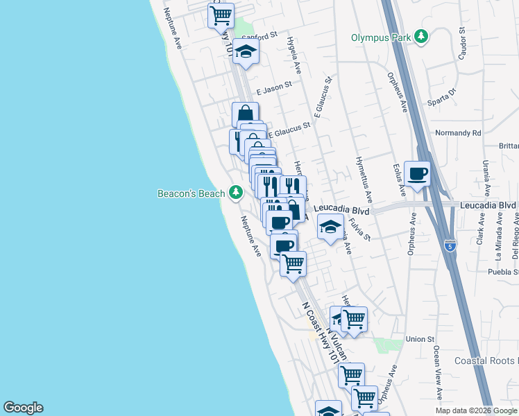 map of restaurants, bars, coffee shops, grocery stores, and more near in Encinitas