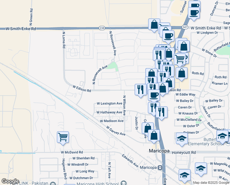 map of restaurants, bars, coffee shops, grocery stores, and more near 45305 Miramar Road in Maricopa