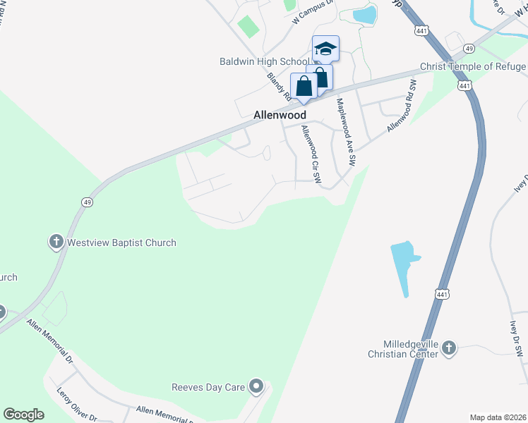 map of restaurants, bars, coffee shops, grocery stores, and more near 118 Nature Creek Trail in Milledgeville