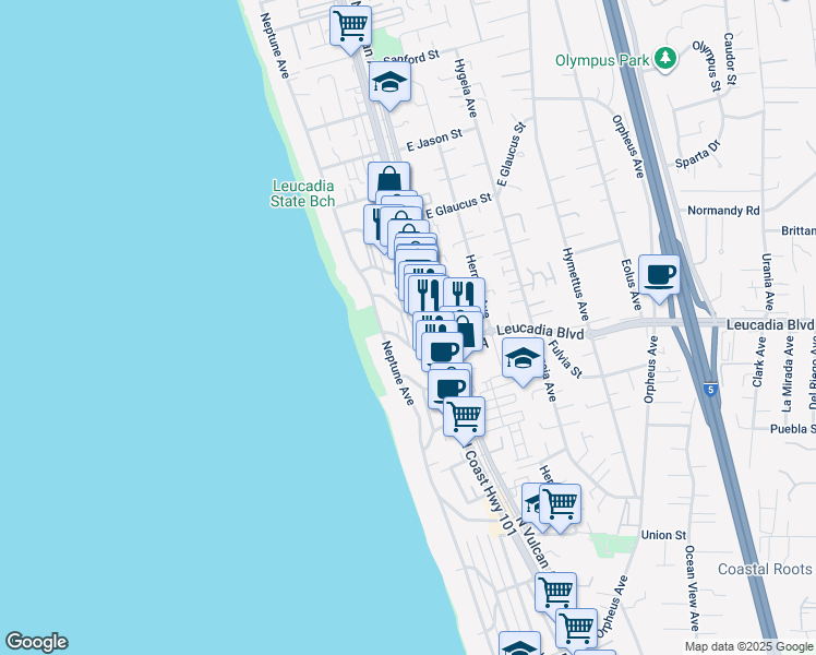 map of restaurants, bars, coffee shops, grocery stores, and more near 123 Jasper Street in Encinitas