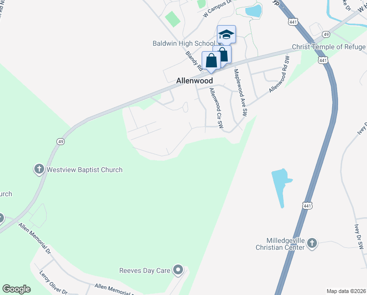 map of restaurants, bars, coffee shops, grocery stores, and more near 118 Nature Creek Trail in Milledgeville