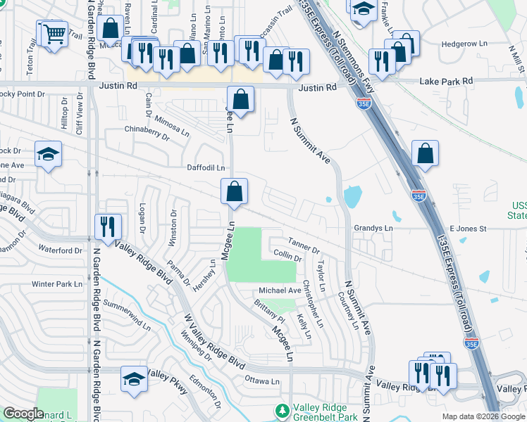 map of restaurants, bars, coffee shops, grocery stores, and more near 1268 Lamar Drive in Lewisville