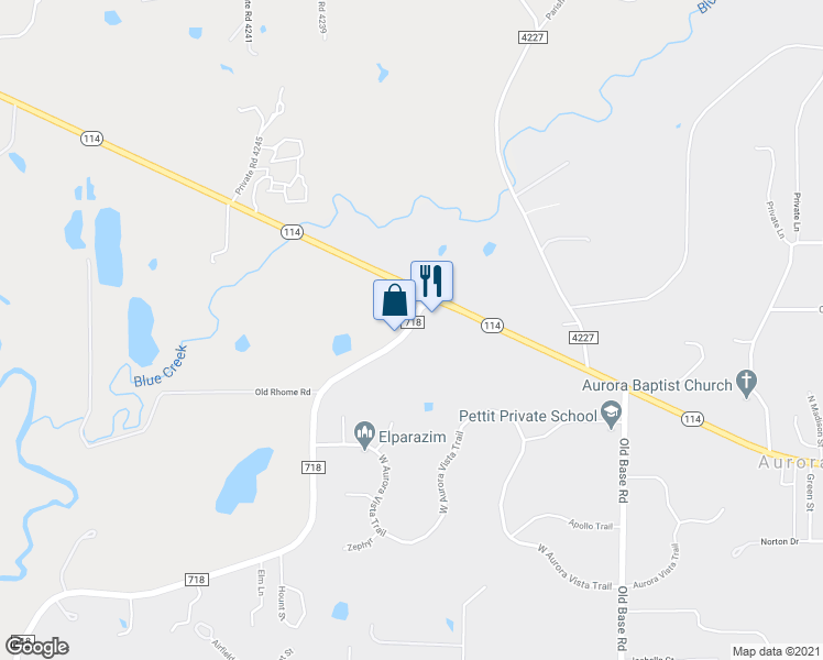 map of restaurants, bars, coffee shops, grocery stores, and more near 105 Farm to Market Road 718 in Aurora