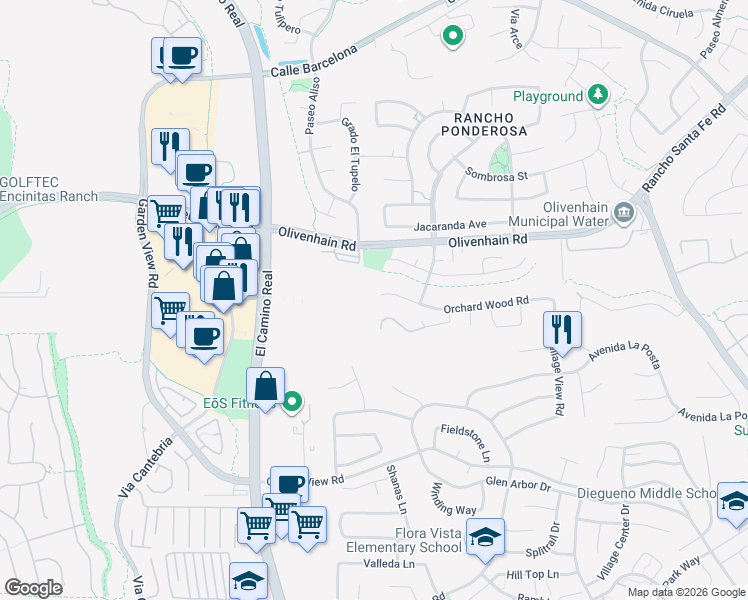 map of restaurants, bars, coffee shops, grocery stores, and more near 1615 Orchard Wood Road in Encinitas