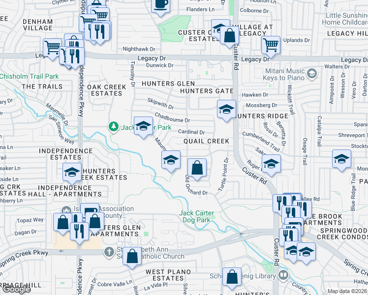 map of restaurants, bars, coffee shops, grocery stores, and more near 2225 Maumelle Drive in Plano