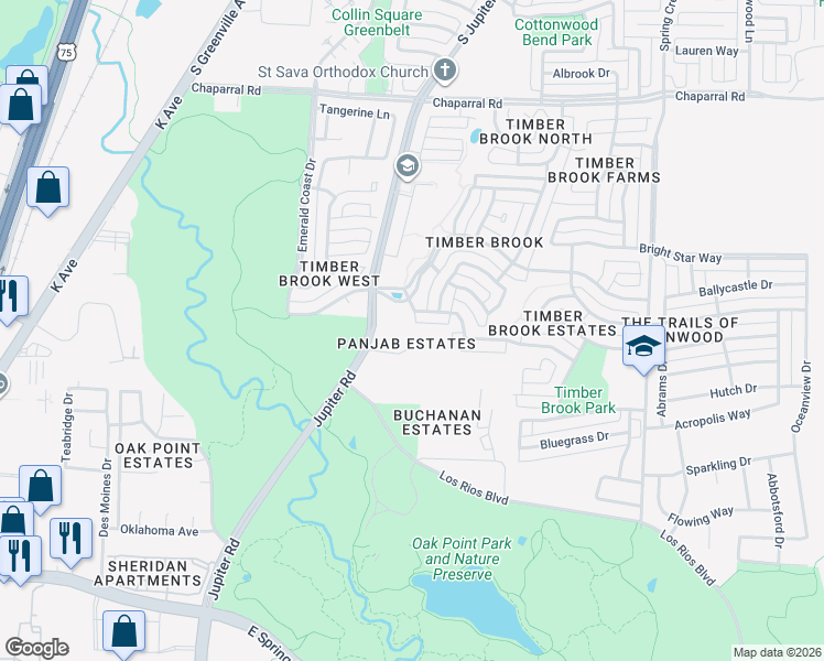 map of restaurants, bars, coffee shops, grocery stores, and more near 6632 Jupiter Road in Plano