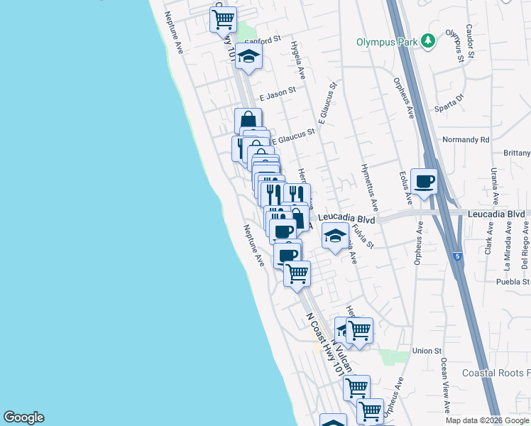 map of restaurants, bars, coffee shops, grocery stores, and more near 914 North Coast Highway 101 in Encinitas