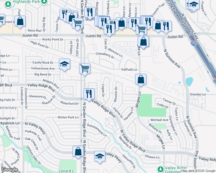 map of restaurants, bars, coffee shops, grocery stores, and more near 1244 McMahan Drive in Lewisville