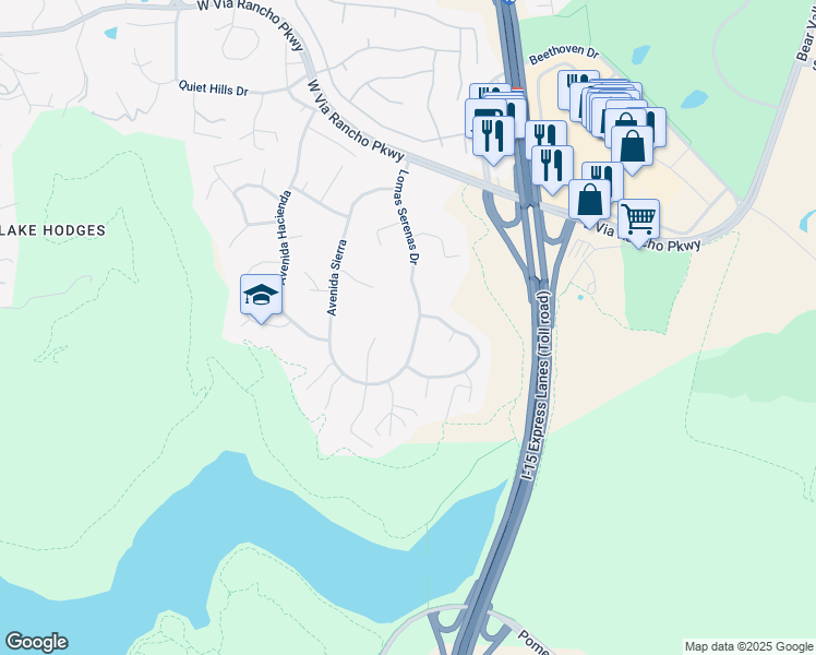 map of restaurants, bars, coffee shops, grocery stores, and more near 3526 Lomas Serenas Drive in Escondido