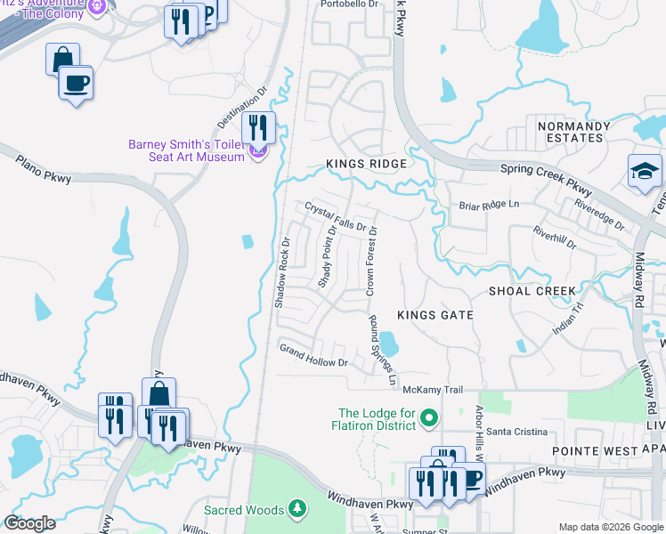 map of restaurants, bars, coffee shops, grocery stores, and more near 6545 Village Springs Drive in Plano