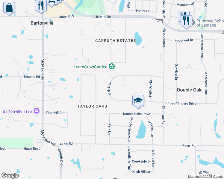 map of restaurants, bars, coffee shops, grocery stores, and more near 105 Meadow Oak Court in Lewisville