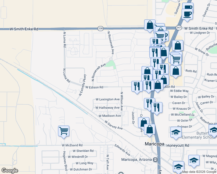 map of restaurants, bars, coffee shops, grocery stores, and more near West Edison Road in Maricopa